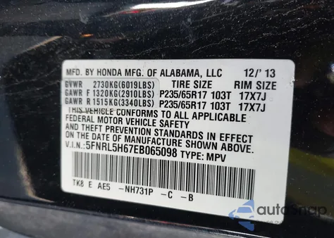 2014 Honda Odyssey Ex-L z USA, uszkodzony, nr VIN 5FNRL5H67EB065098